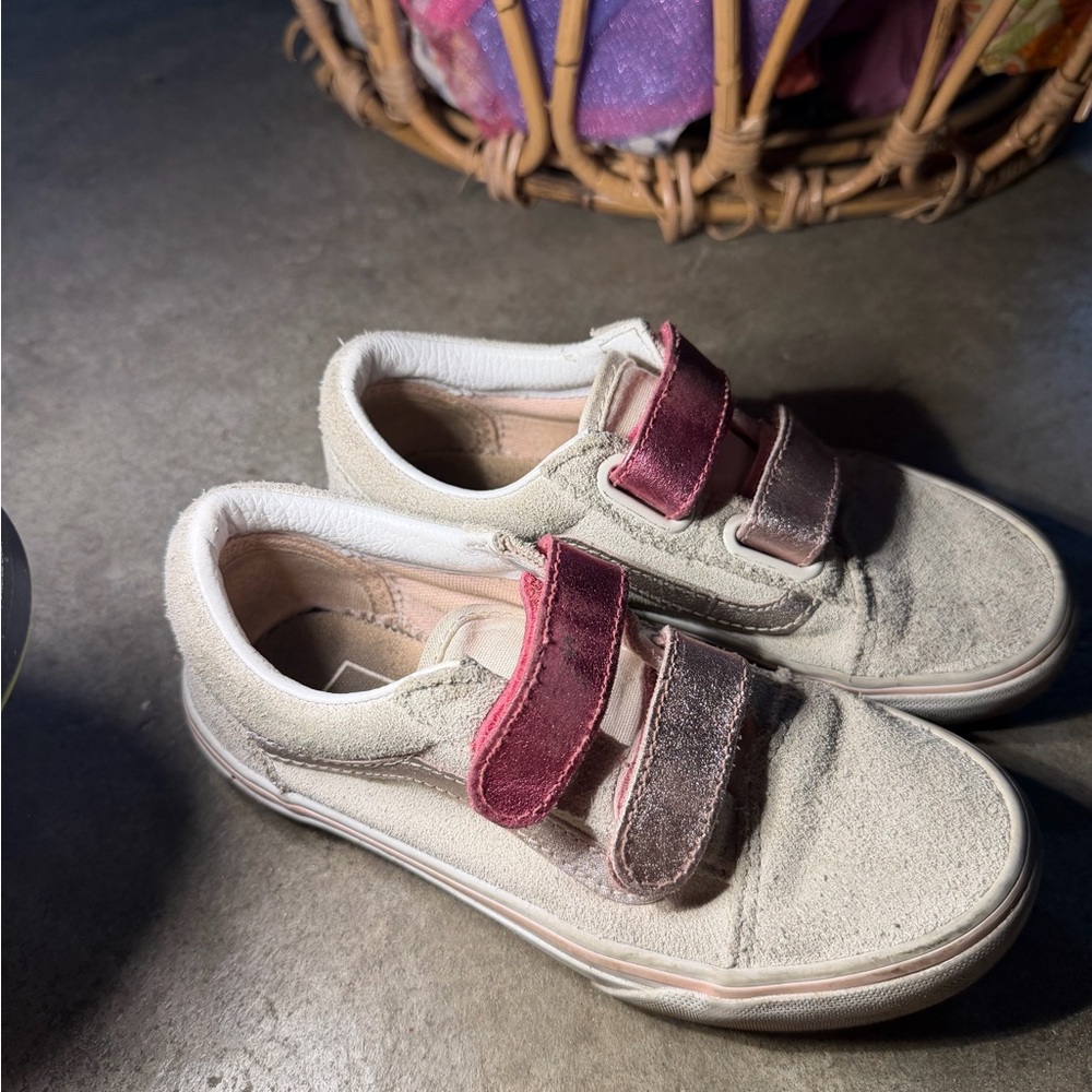 Vans Kids Beige Suede Sneakers with Pink Velcro Straps